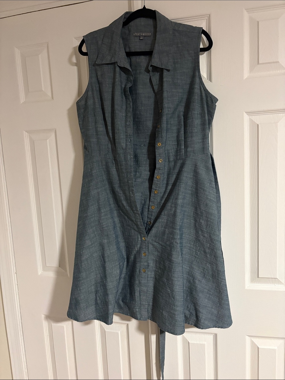 Sleeveless Button-Front Mini Dress in Slate Blue Chambray with poc